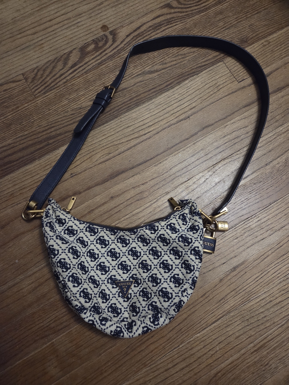GUESS Navy & Cream Monogram Crescent Crossbody Bag